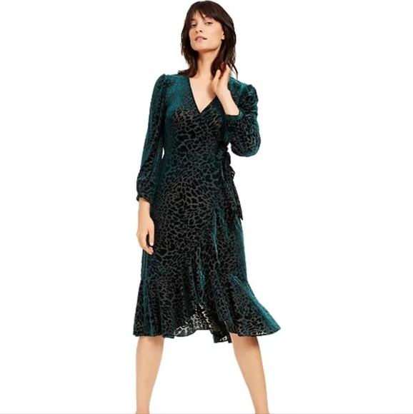 Calvin Klein Black Burnout Velvet Animal-Print Wrap Dress Size 10 NWT - Picture 1 of 14